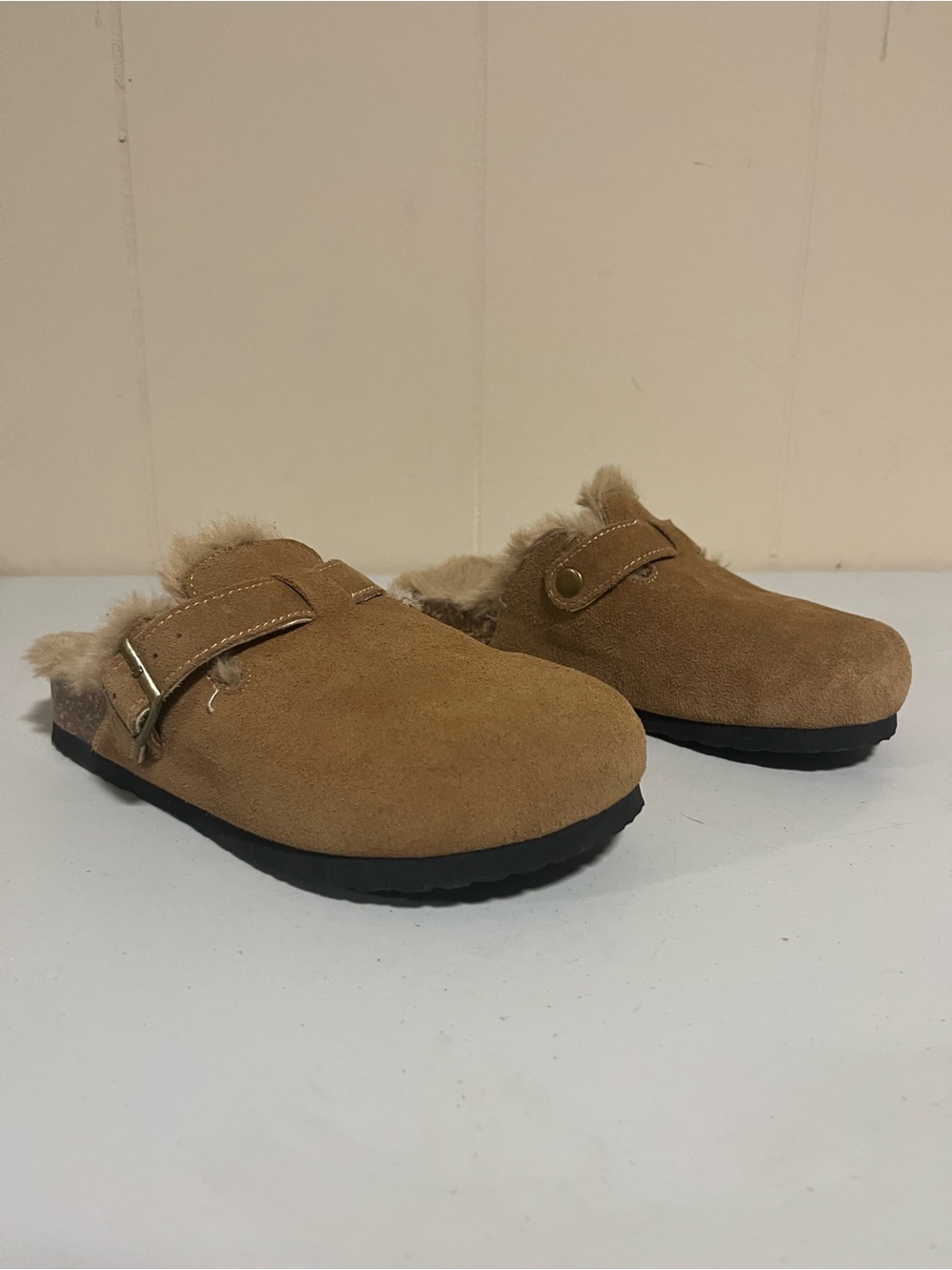 Faux Suede Fur-Lined Slip-On Clog - Tan